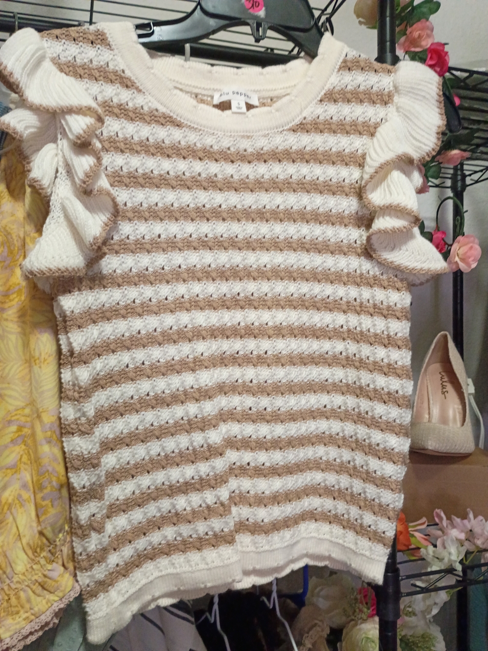 Blu Pepper Cream & Tan Striped Ruffle Sleeve Sweater